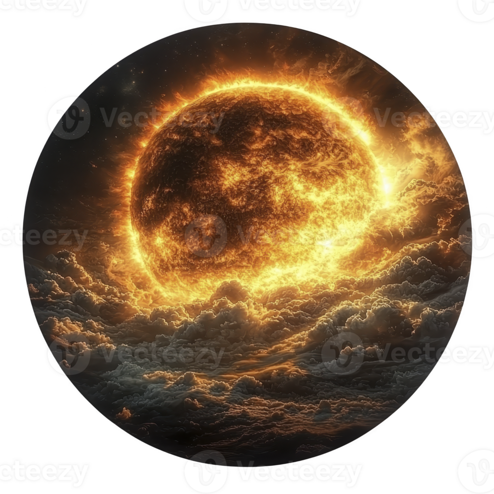 fiery sun emerges dramatically from behind swirling clouds, casting warm, intense glow across sky. scene evokes sense of awe and power, highlighting sun majestic presence png