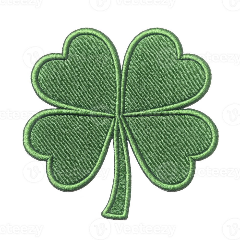 vibrant green four leaf clover patch with detailed embroidery, symbolizing luck and prosperity. clover texture and stitching create realistic and appealing design png