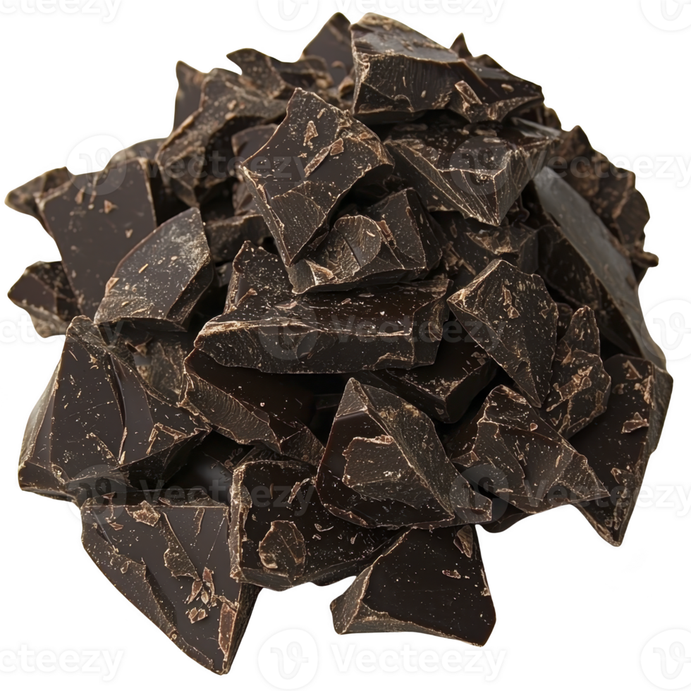 Rich, dark chocolate chunks are piled together, showcasing their deep brown color and rough texture, perfect for baking or snacking. image captures indulgent and tempting nature of chocolate png