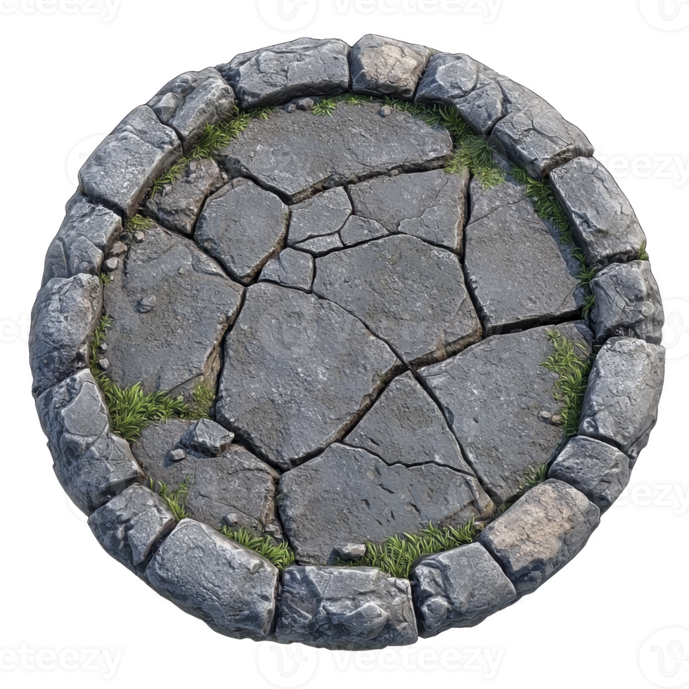 circular stone path with cracked, weathered stones is surrounded by border of larger rocks. Small patches of grass grow between stones, adding natural touch png