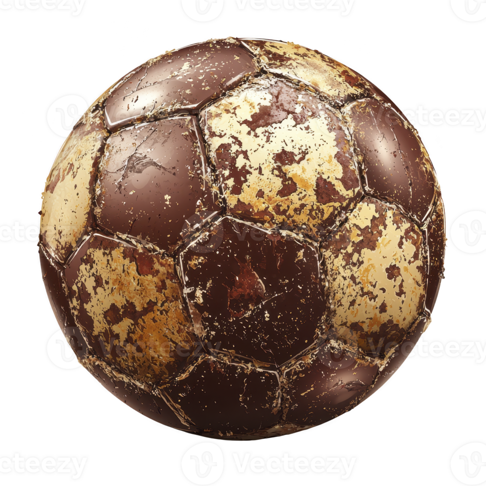 Aged and weathered soccer ball with peeling leather texture, showcasing vintage and rustic appearance. ball worn out surface tells story of countless games and memories png