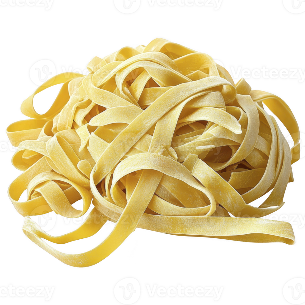 Freshly made fettuccine pasta piled in heap, showcasing its smooth texture and rich yellow color, ready for cooking. pasta inviting appearance promises delicious meal png
