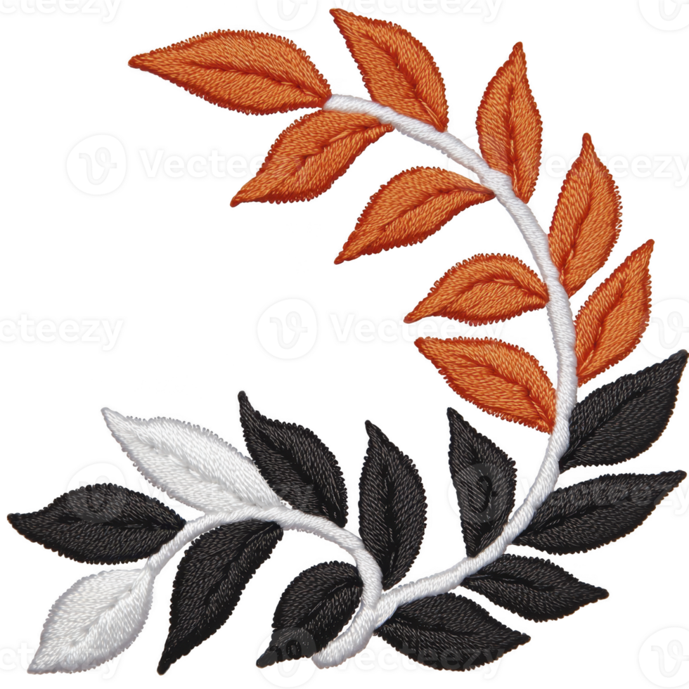 An embroidered design features curved branch with leaves in shades of orange, white, and black, creating striking contrast. intricate stitching adds texture and depth to pattern png