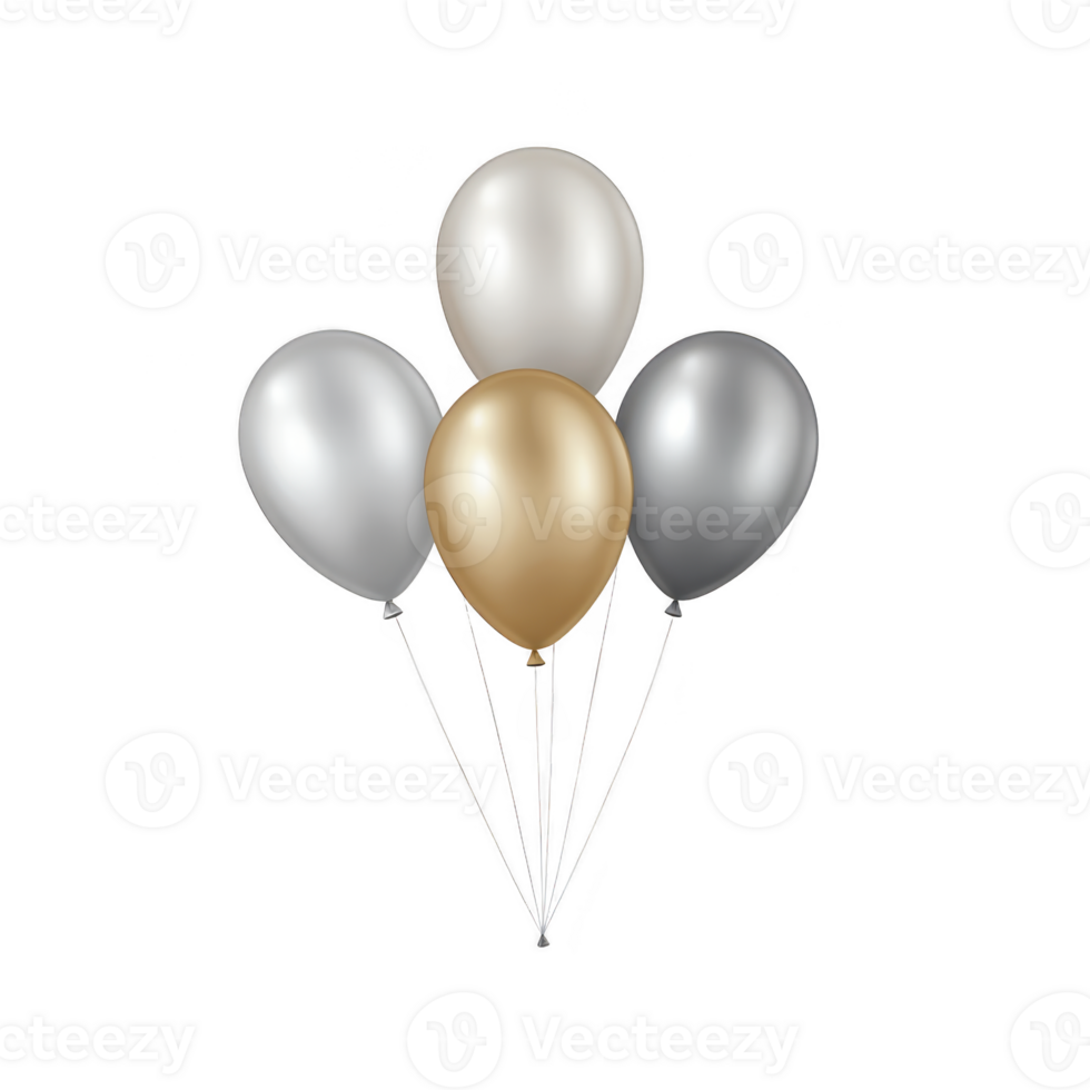 cluster of elegant balloons in metallic gold and silver hues, floating gracefully against plain background, perfect for celebrations and festive occasions png
