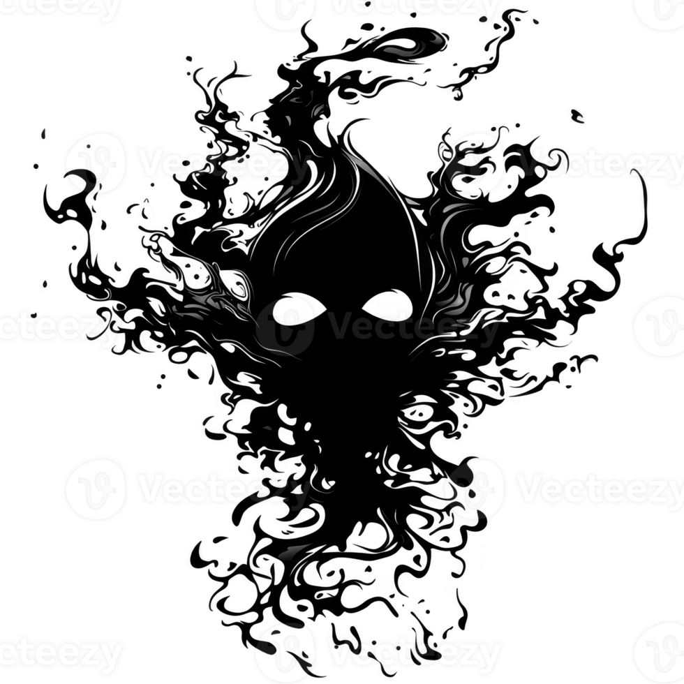 mysterious, swirling black smoke forms ghostly face with hollow eyes, evoking eerie and haunting atmosphere. intricate wisps create sense of movement and mystery png