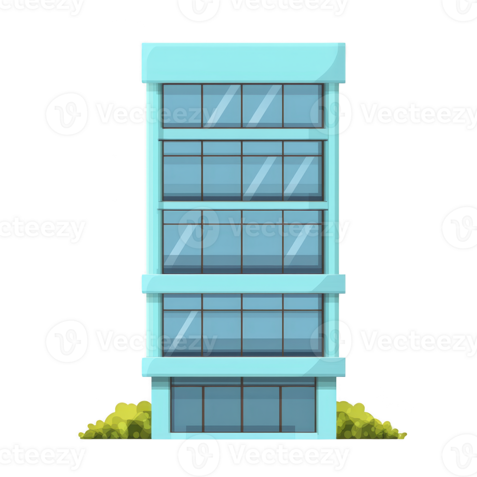 modern, blue, four story office building with large glass windows and sleek design, surrounded by small green bushes, stands against transparency background png