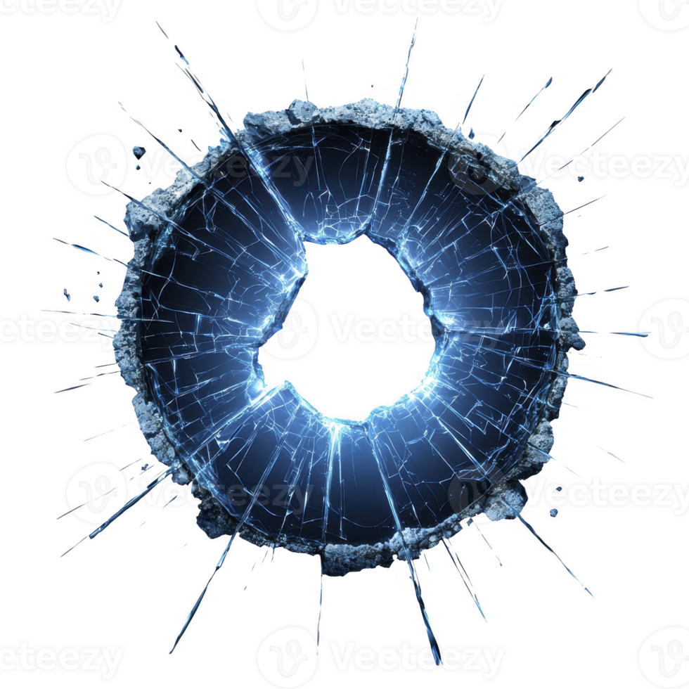 dynamic image of shattered glass effect with circular pattern, featuring sharp, radiating cracks and glowing blue hue, creating sense of impact and energy png