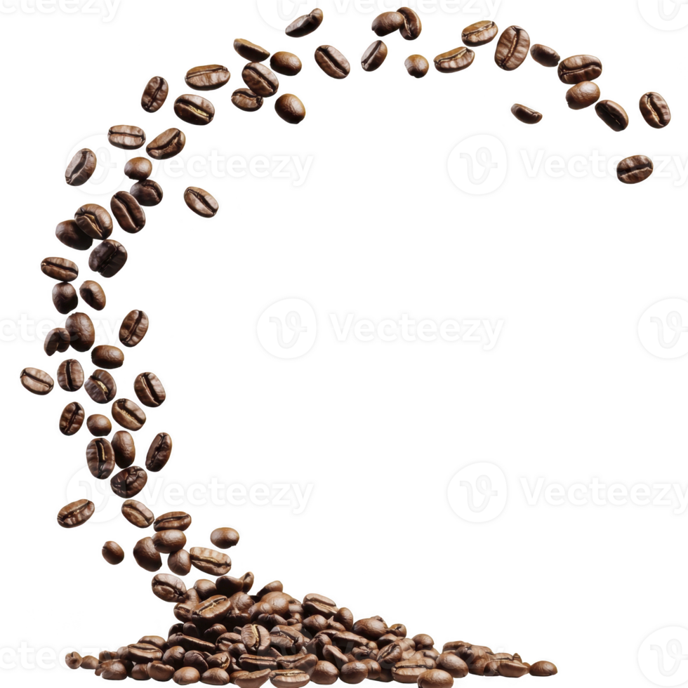 dynamic swirl of coffee beans creates captivating arc, showcasing their rich brown color and glossy texture. beans appear to be in motion, evoking sense of energy and aroma png
