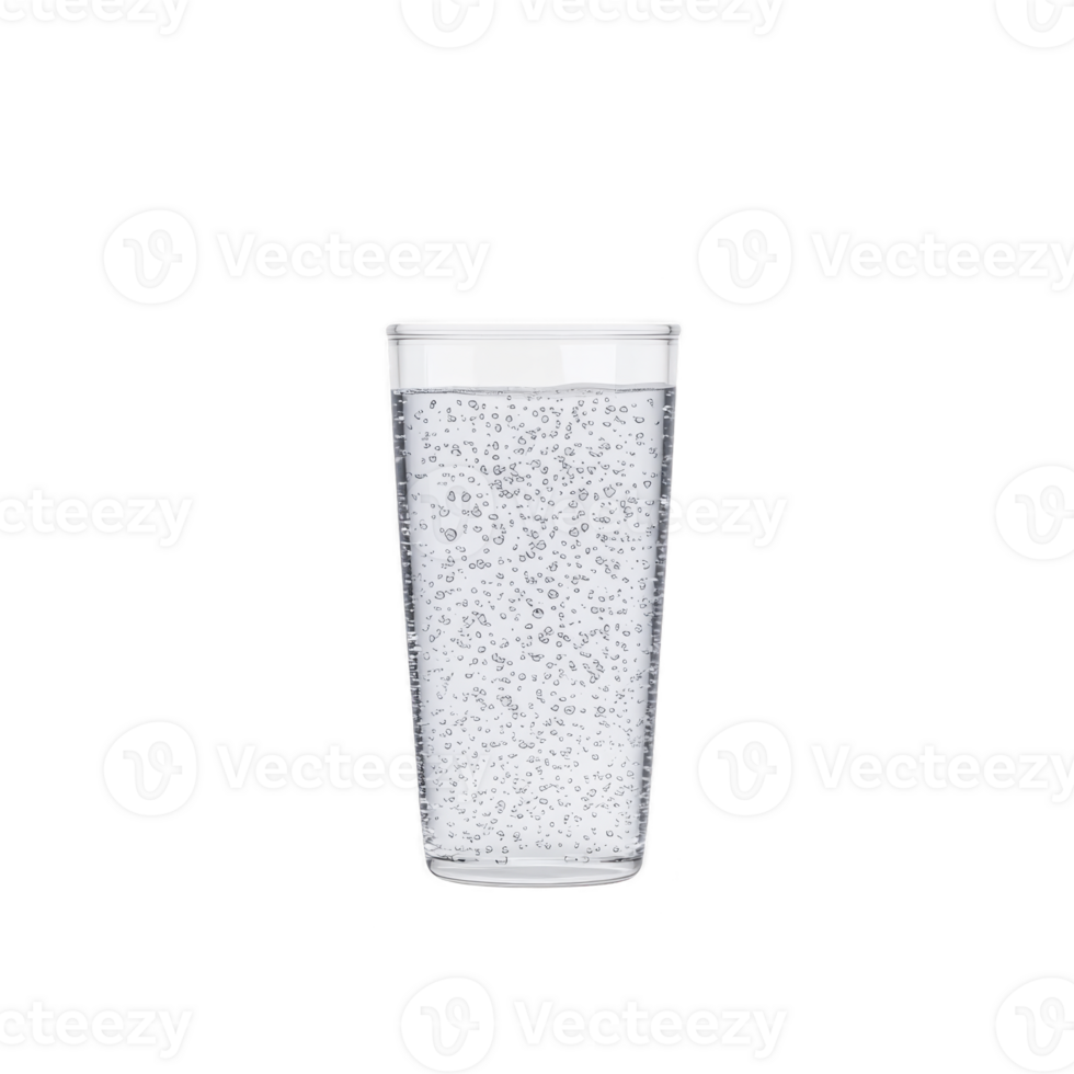 clear glass filled with sparkling water, showcasing numerous bubbles against plain background, conveys refreshing and clean aesthetic png