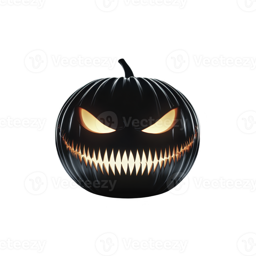 sinister black pumpkin with glowing eyes and sharp toothed grin creates spooky Halloween atmosphere. eerie design is perfect for festive decorations and evokes sense of mystery png