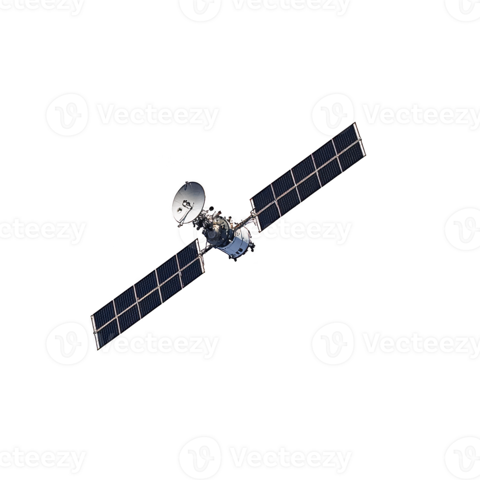 satellite with large solar panels and communication dish orbits in space, showcasing advanced technology and engineering marvel. satellite sleek design highlights its functionality png
