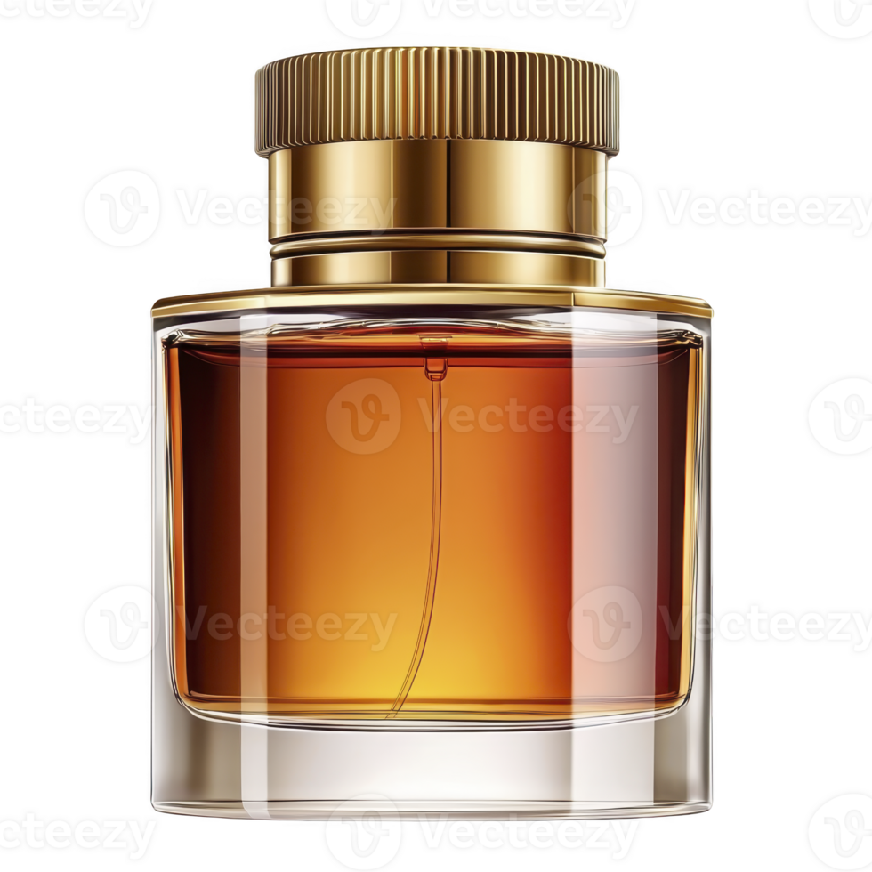 luxurious glass perfume bottle with golden cap, filled with amber colored liquid, exudes elegance and sophistication. transparent design highlights rich hue of fragrance png