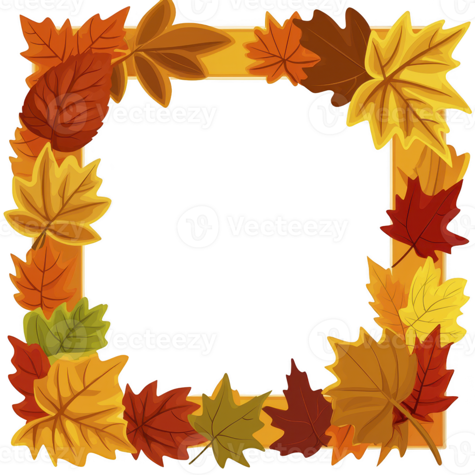 decorative frame made of colorful autumn leaves shades of orange, red, yellow, and green, creating vibrant and seasonal border. leaves are arranged square shape, perfect for fall themed designs png