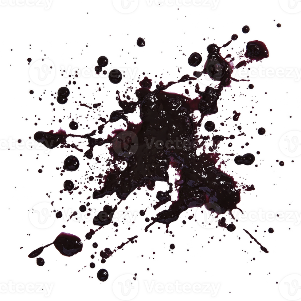 dynamic splash of dark paint creates abstract pattern against transparency background, evoking sense of energy and movement. splatter effect is bold and expressive png