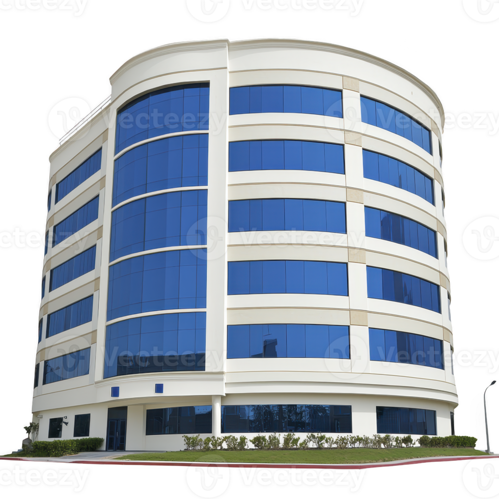 modern, five story office building with sleek, curved design features large blue tinted windows and white facade. structure is surrounded by neatly trimmed shrubs, creating professional appearance png