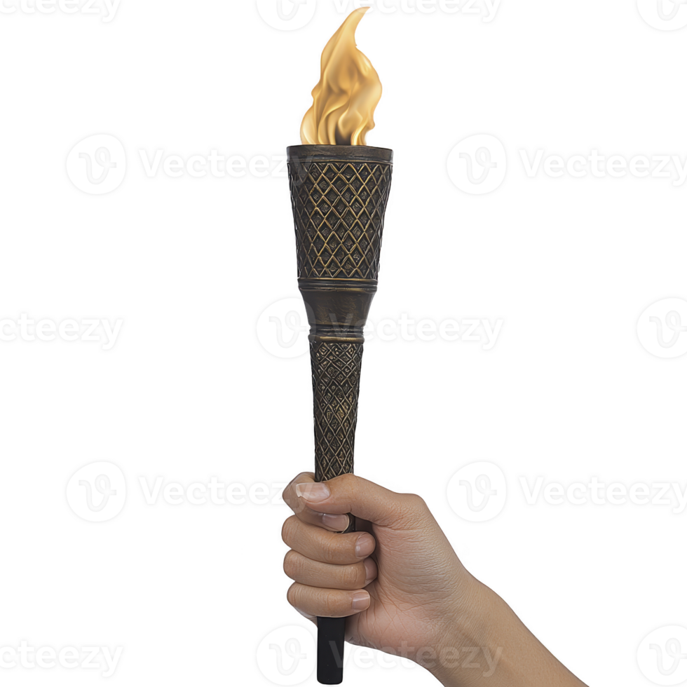 hand holding lit torch with golden flame, symbolizing strength and guidance. torch has textured, dark handle with crisscross pattern, evoking sense of tradition and ceremony png