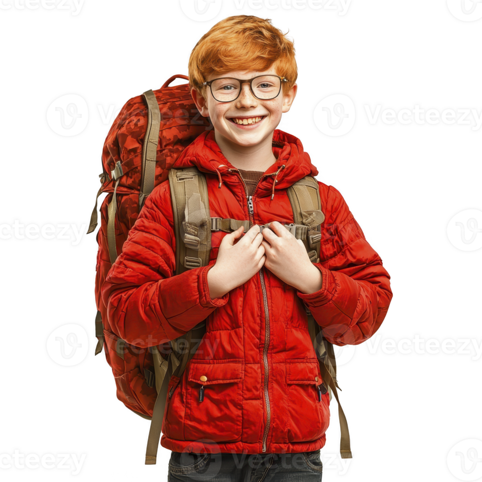 smiling young boy with red hair wearing glasses and red jacket stands confidently with large backpack, ready for adventure png