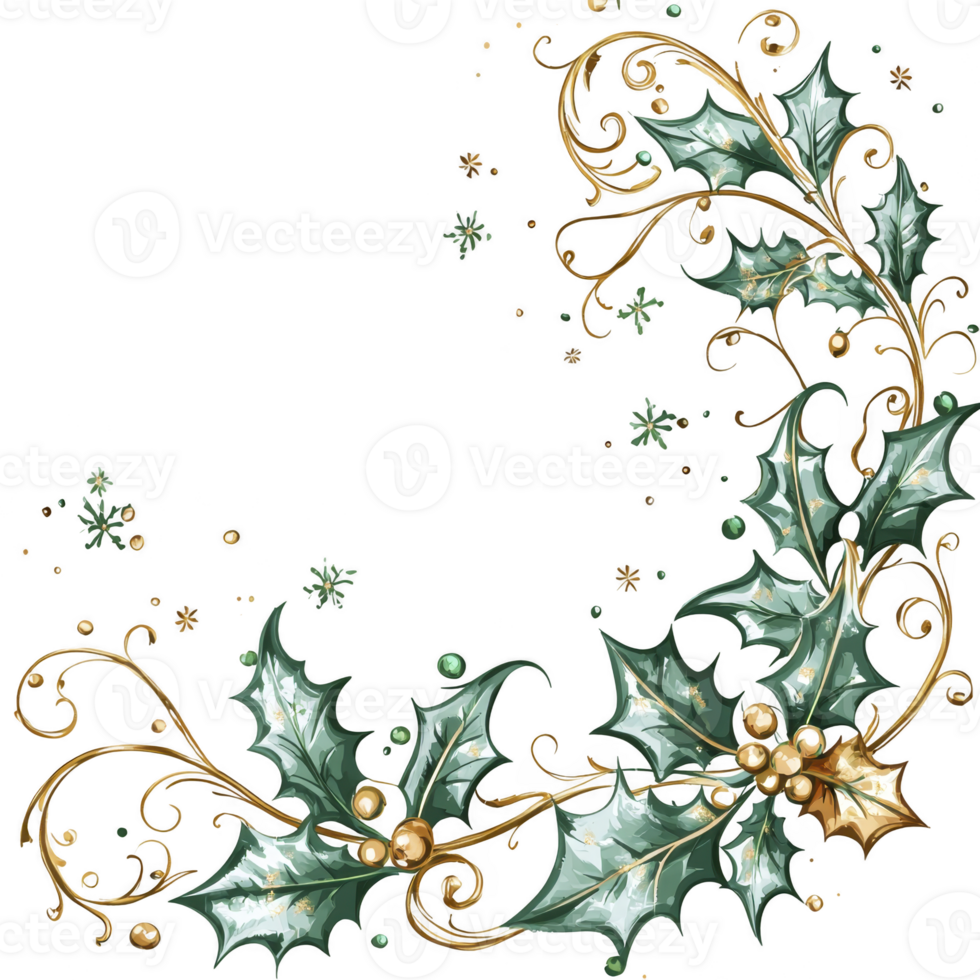 decorative Christmas corner design featuring holly leaves and golden swirls, perfect for festive invitations or holiday cards. intricate details add elegance and charm png