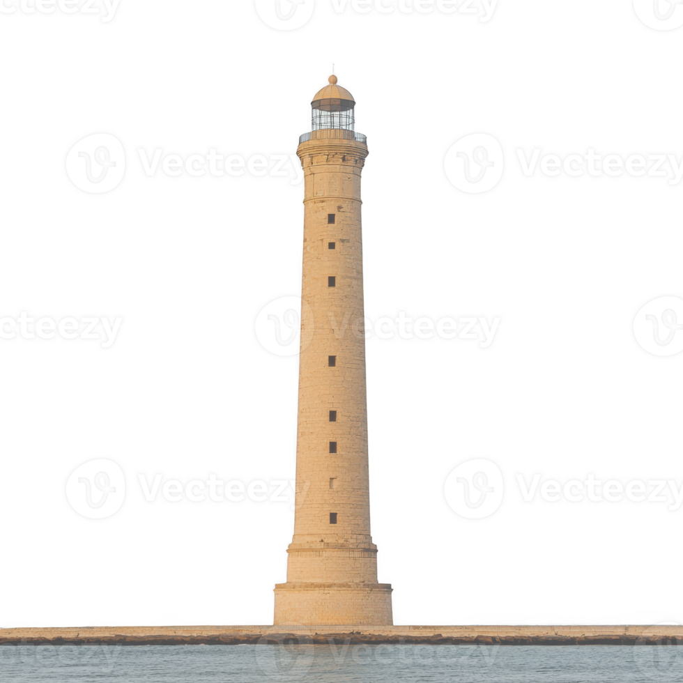 tall, historic lighthouse stands majestically against clear sky, its stone structure reflecting warm glow of setting sun. calm sea surrounds its base, creating serene atmosphere png