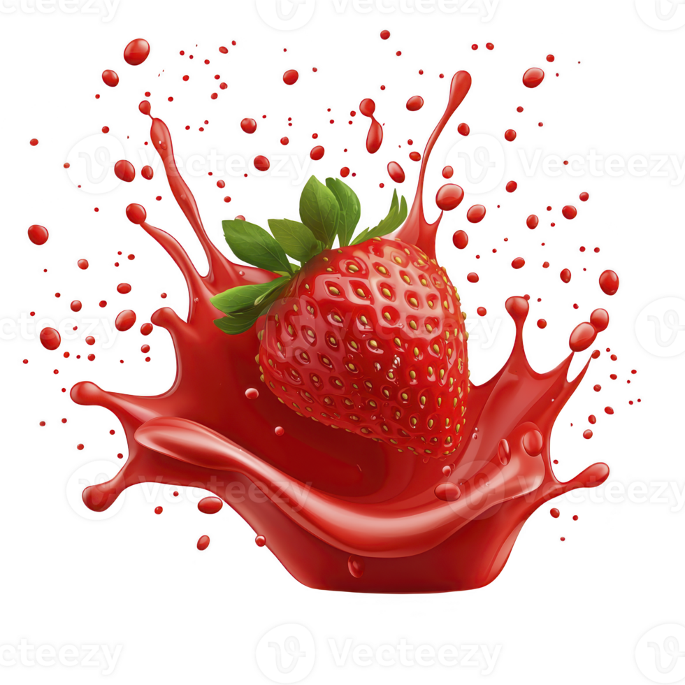 vibrant strawberry splashes into pool of red liquid, creating dynamic droplets and waves. fresh fruit and liquid contrast beautifully, evoking sense of freshness and energy png