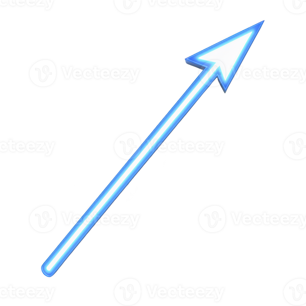 glowing blue arrow points diagonally upward against transparency background, symbolizing progress and direction. arrow neon effect adds futuristic and dynamic feel to image png