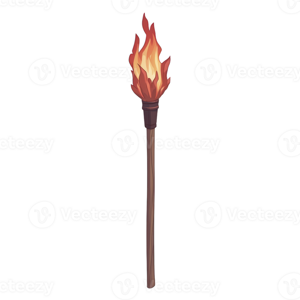 wooden torch with bright, flickering flame is depicted, evoking sense of adventure and warmth. torch simple design highlights its rustic charm and practical use in outdoor settings png