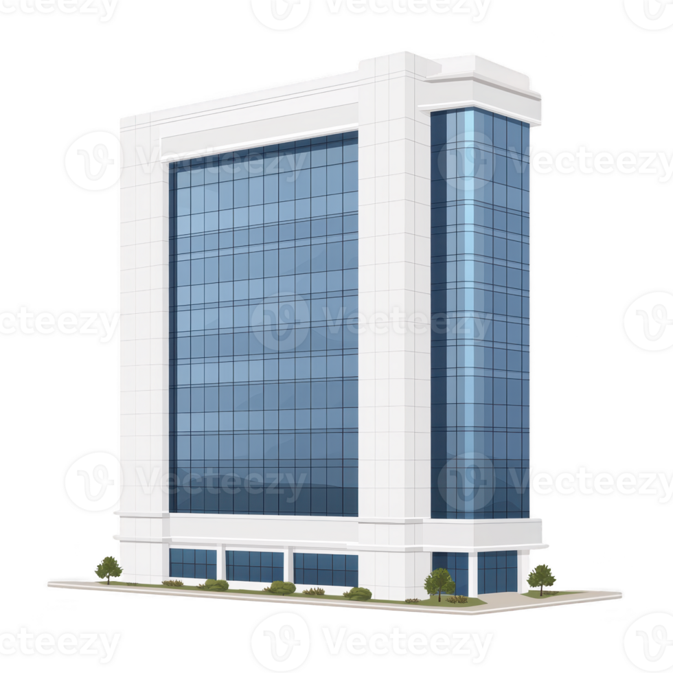modern office building with sleek glass facade and white exterior, featuring multiple floors and minimalist design, surrounded by small shrubs png