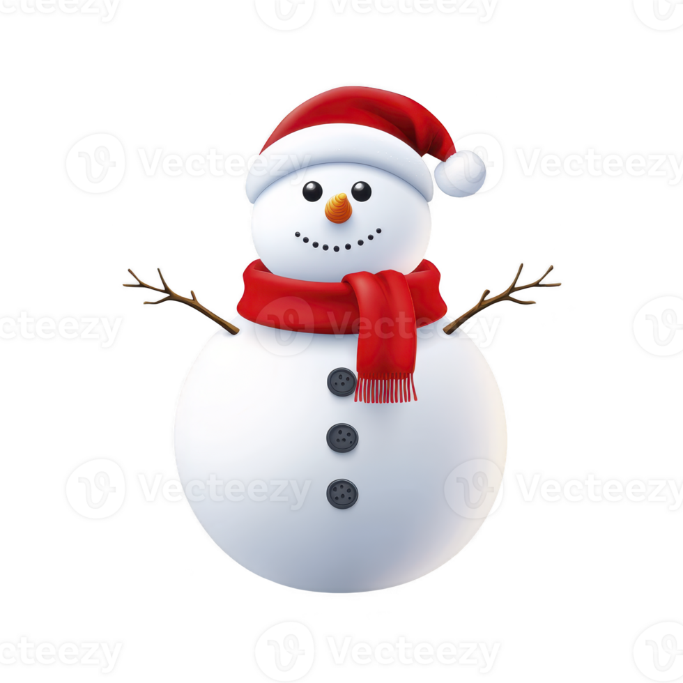 cheerful snowman wearing red Santa hat and scarf, with carrot nose and stick arms, stands against transparency background, evoking festive winter holiday spirit png