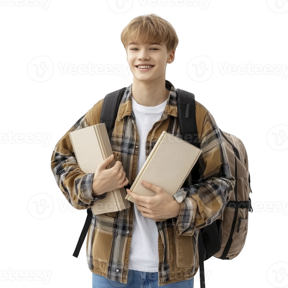 young student with cheerful expression holds books while wearing plaid shirt and backpack, ready for school. casual attire and positive demeanor suggest readiness for learning png