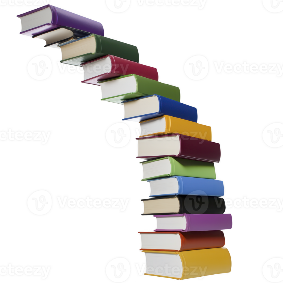 stack of colorful books is arranged in curved, leaning tower, showcasing variety of vibrant covers. books are stacked in way that creates visually striking and dynamic composition png