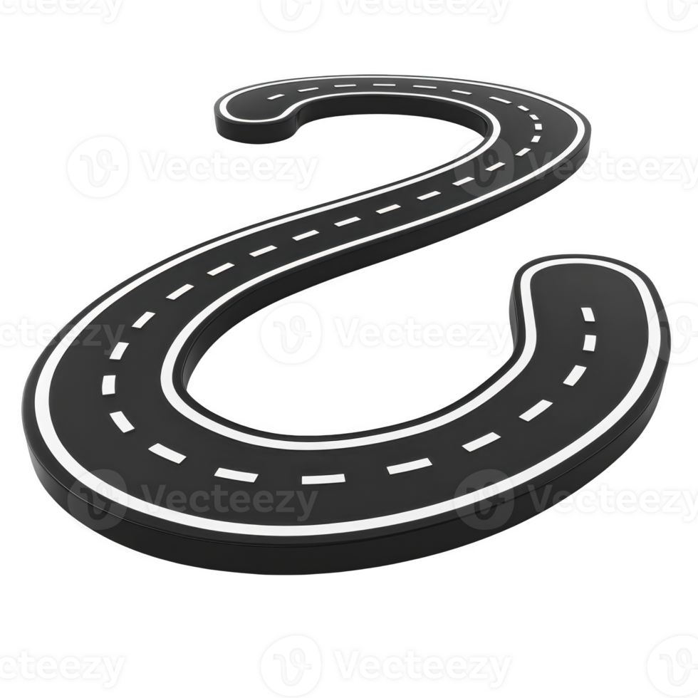 winding road with dashed white lines curves smoothly, creating dynamic and playful design. road black surface contrasts with bright white markings, suggesting movement and direction png