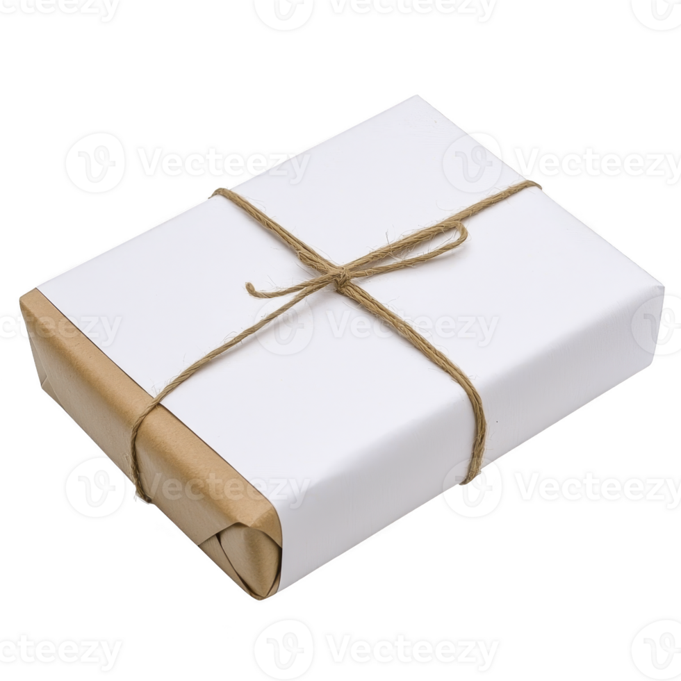 neatly wrapped gift box with white paper and brown string tied in bow, creating simple yet elegant presentation. package exudes sense of anticipation and surprise png