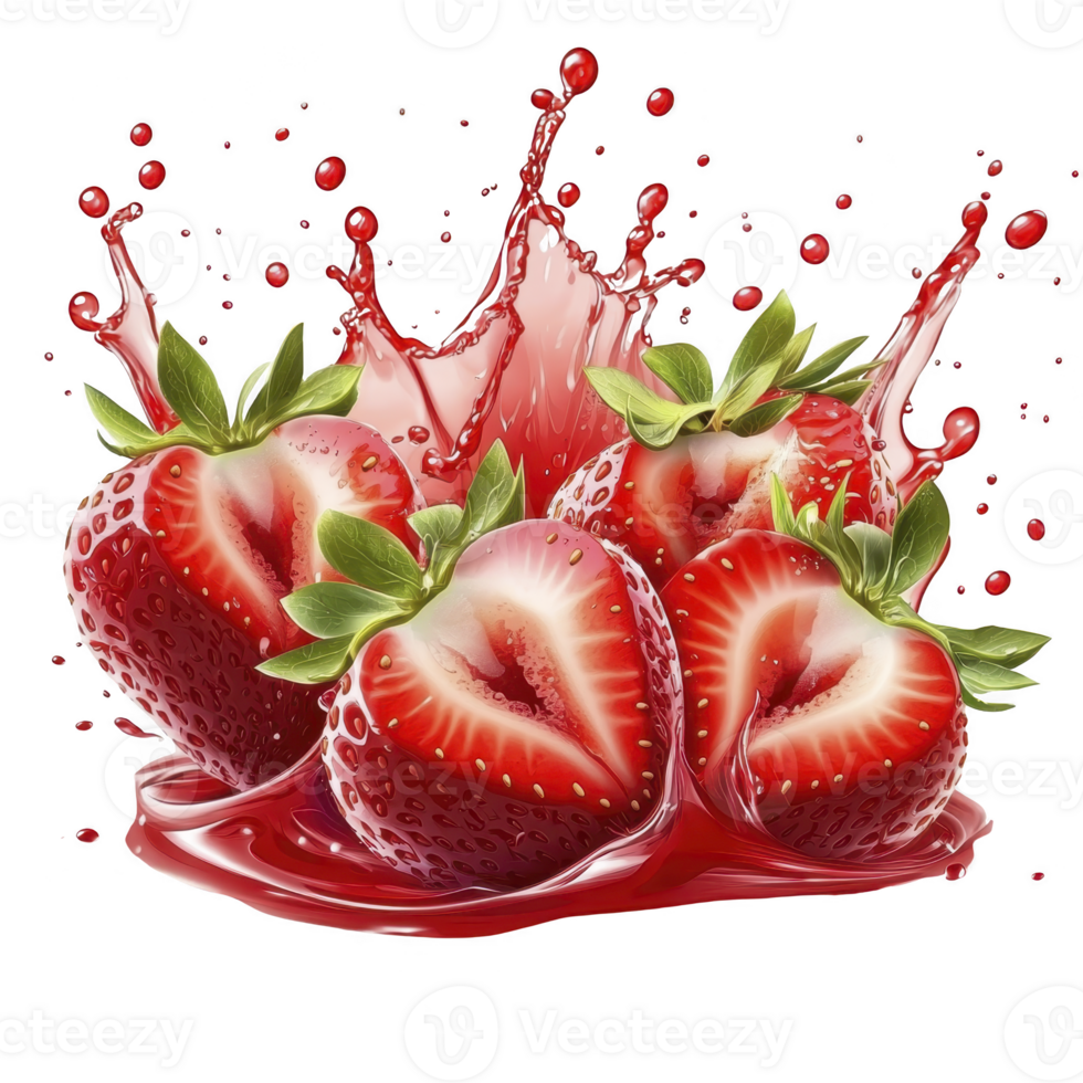 Fresh strawberries splashing in vibrant red juice, creating dynamic and refreshing scene. juicy fruit and liquid droplets convey sense of freshness and vitality png