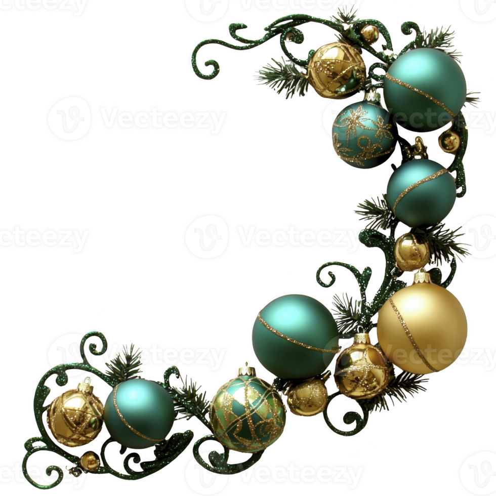Festive corner decoration with green and gold Christmas ornaments, pine branches, and intricate swirls, perfect for holiday designs png