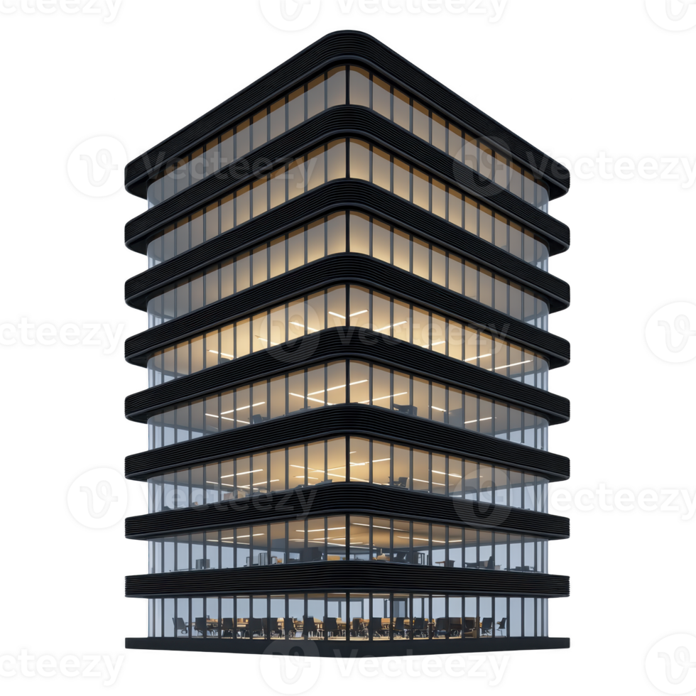 modern, illuminated office building with multiple floors and large glass windows, showcasing sleek architectural design. structure is well lit, creating warm and inviting atmosphere png