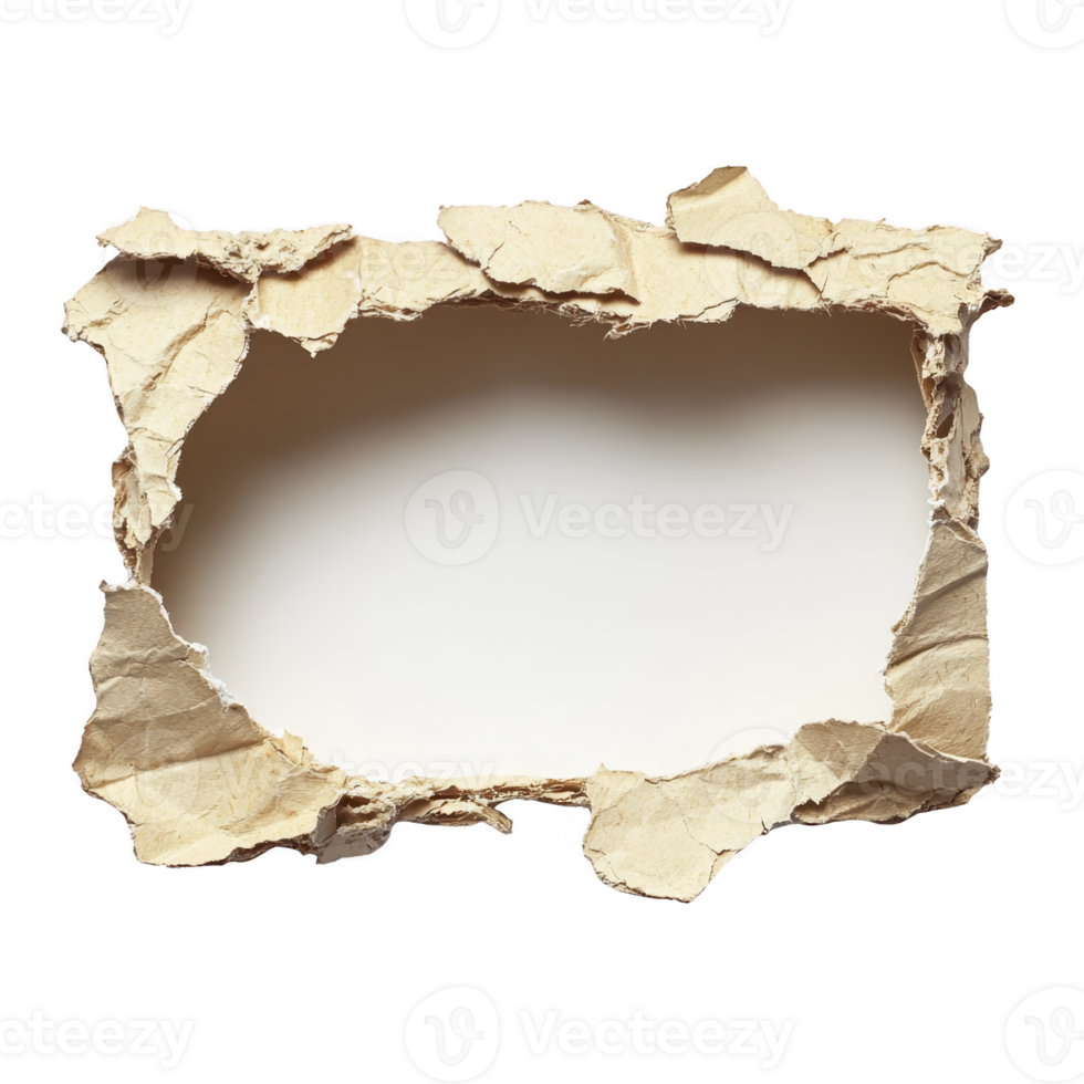 torn piece of brown paper reveals blank white space in center, creating frame like effect. rough edges of paper add texture and depth, suggesting sense of curiosity and discovery png