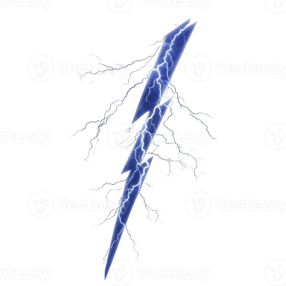 dynamic blue lightning bolt with electric sparks radiates energy against transparency background, symbolizing power and intensity. jagged edges and bright glow create striking visual impact png