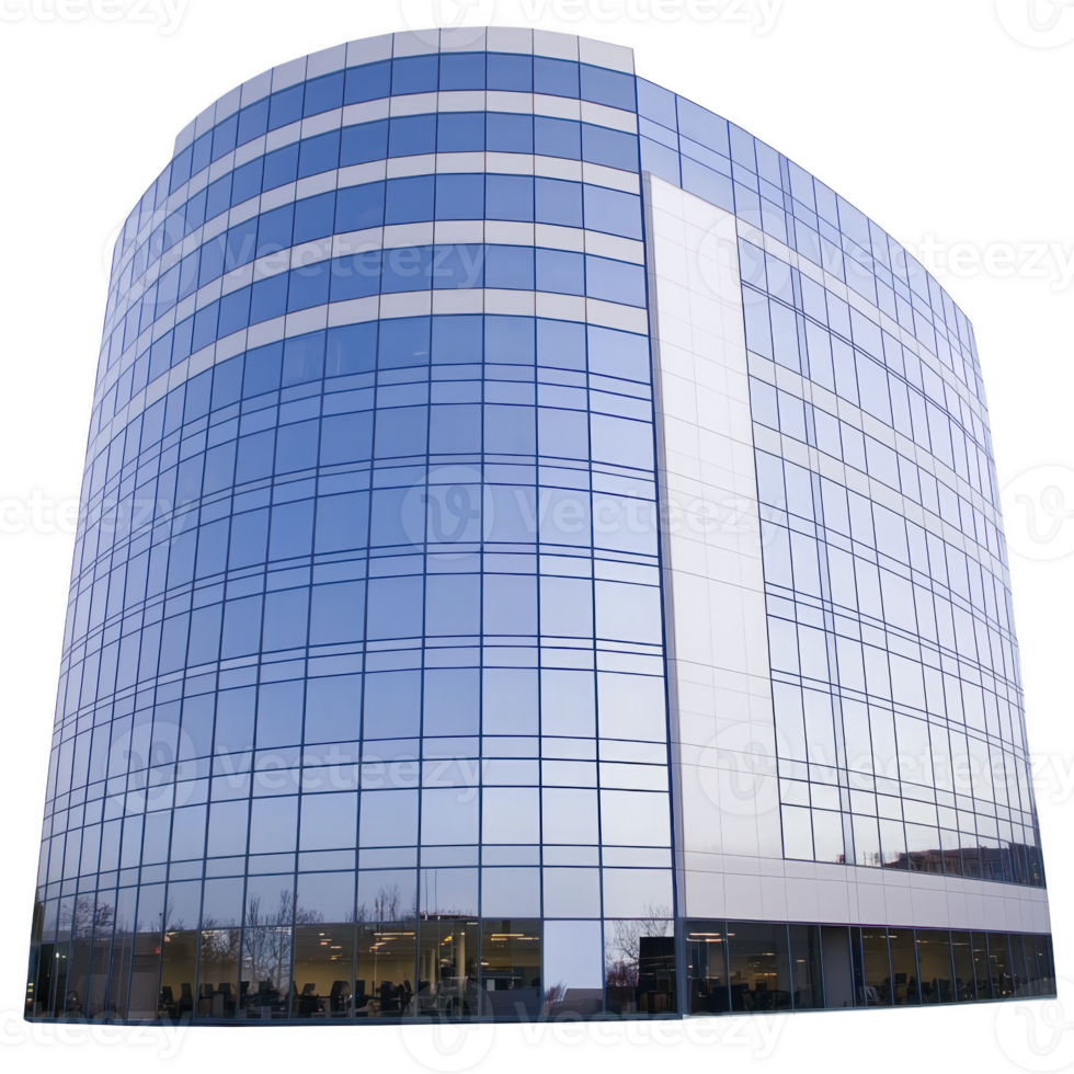 modern glass office building with curved facade reflects sky, creating sleek and contemporary appearance. structure features multiple floors with large windows png