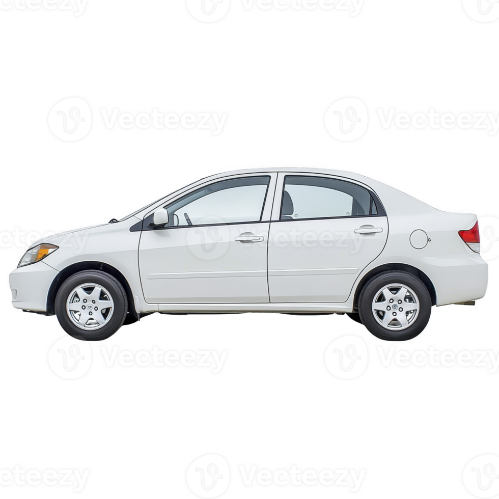 sleek white sedan car is shown in side profile view, highlighting its clean lines and compact design. vehicle features four doors and is equipped with standard wheels png