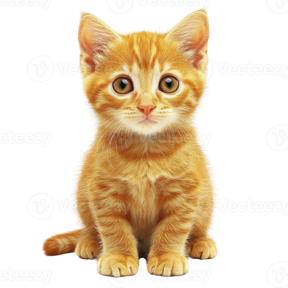 cute orange tabby kitten with big eyes sits attentively, showcasing its fluffy fur and curious expression. kitten adorable pose and vibrant color make it endearing png