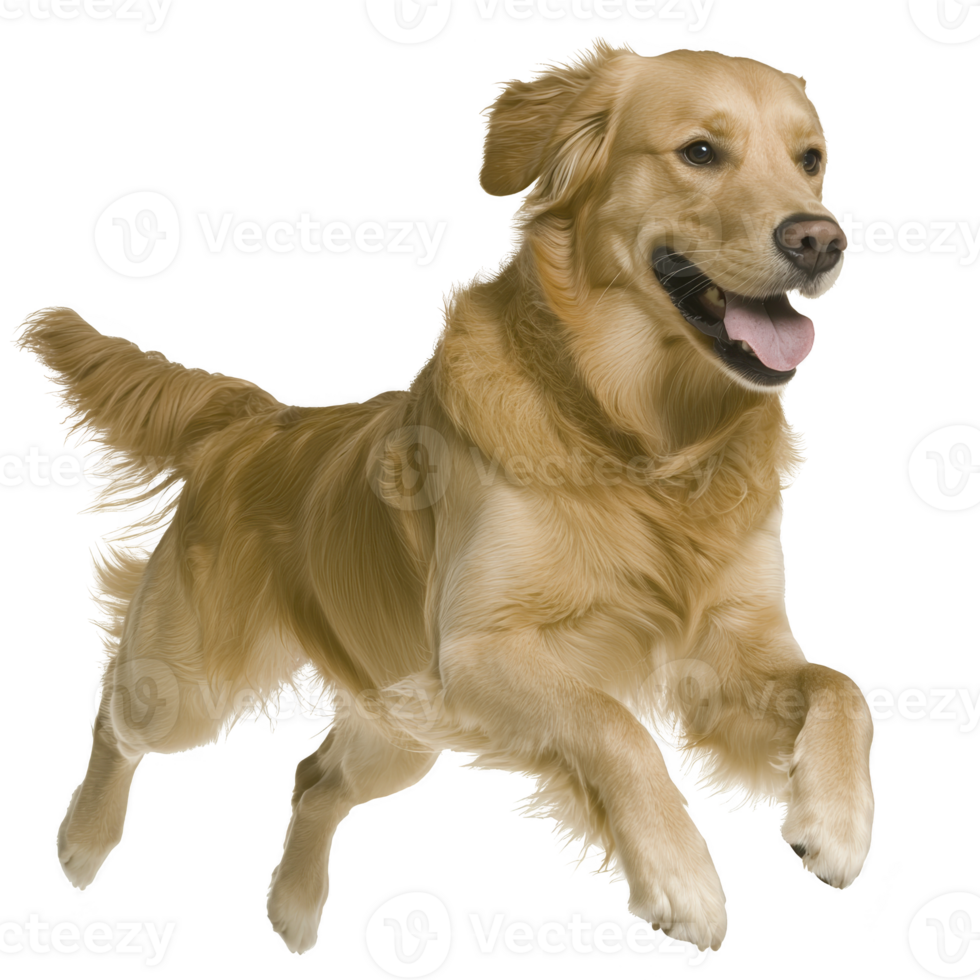 joyful golden retriever is captured mid leap, showcasing its playful nature and energetic spirit. dog fur is rich golden color, and its expression is one of happiness and excitement png