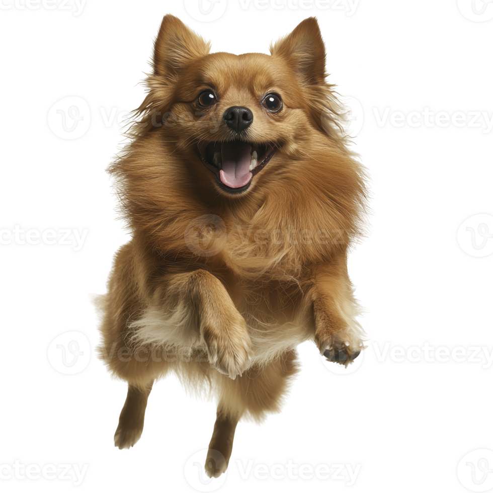 joyful Pomeranian dog with fluffy fur jumps playfully, showcasing its lively and energetic nature. dog expressive eyes and wagging tail add to its charm png