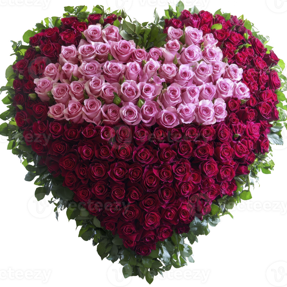 heart shaped arrangement of red and pink roses creates romantic and elegant display, surrounded by lush green leaves. vibrant colors and floral design evoke feelings of love and affection png