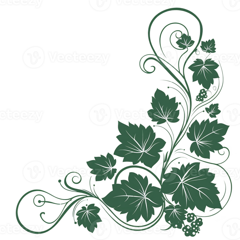 decorative green vine with leaves and tendrils elegantly curls in corner design, adding natural and artistic touch. intricate pattern is perfect for embellishing various creative projects png