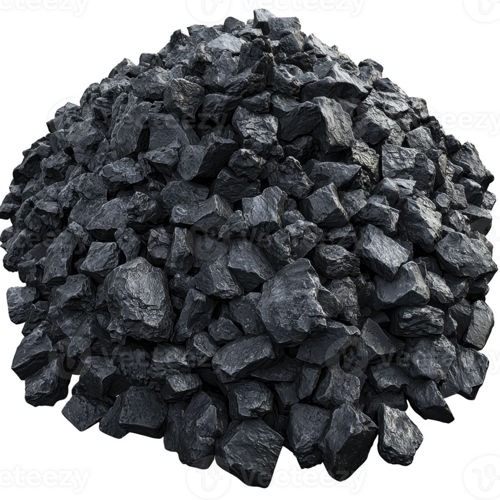 pile of black coal rocks is stacked in mound, showcasing their rough texture and dark color. coal pieces vary in size, creating rugged and natural appearance png