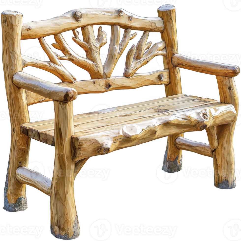 rustic wooden bench with natural branch design on backrest, showcasing craftsmanship and connection to nature. Ideal for garden or outdoor settings, offering cozy seating option png