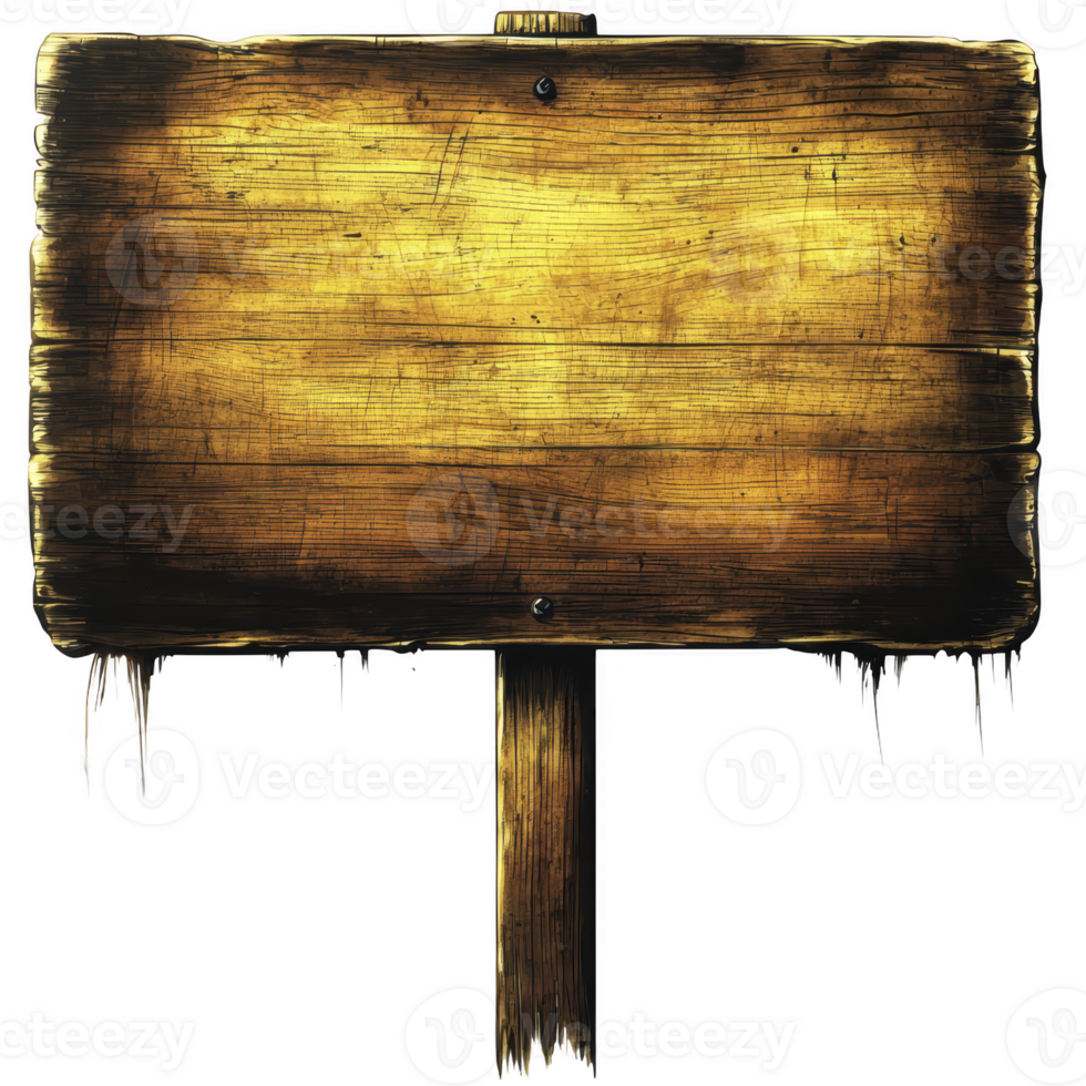 rustic wooden sign with weathered texture and golden hue, evoking vintage and nostalgic feel. sign is blank, allowing for customizable text or design, and is mounted on wooden post png