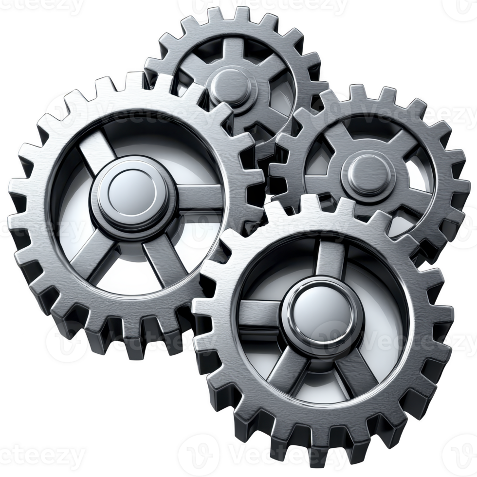 Four interlocking metallic gears symbolize teamwork and mechanical precision, showcasing industrial design and engineering concepts. shiny silver finish adds modern touch png