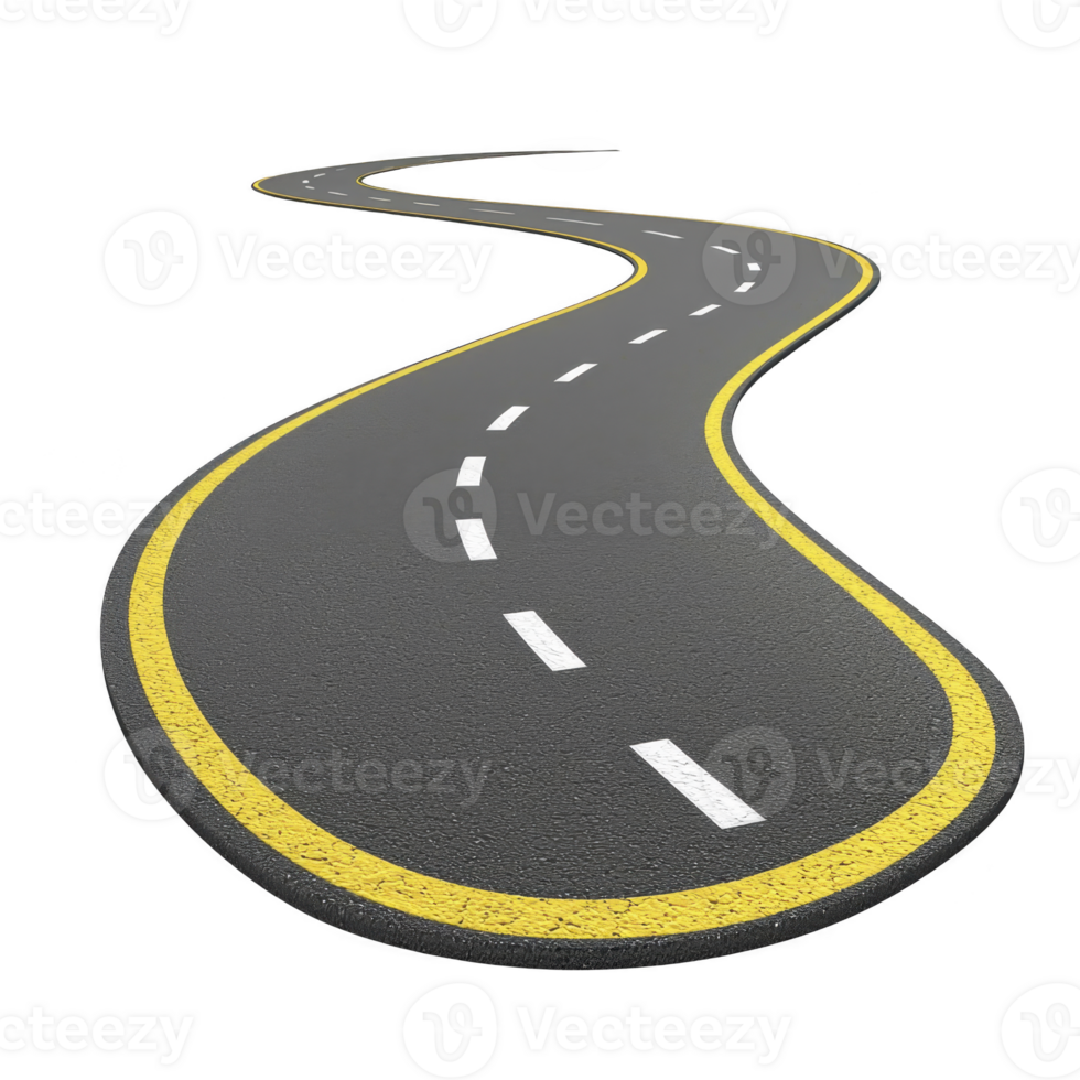 winding road with yellow and white lines curves against transparent background, suggesting journey or path. road smooth surface and clear markings evoke sense of direction and movement png