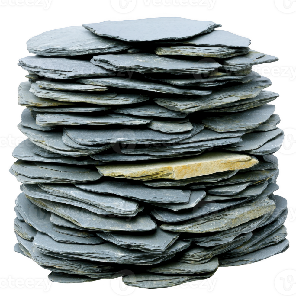 stack of flat, gray slate stones is neatly arranged, showcasing their natural texture and layered formation. stones are primarily used for landscaping and construction, adding rustic charm to png